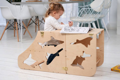 Modelo de habitación infantil unisex de 1 a 3 años escandinava pequeña con escritorio