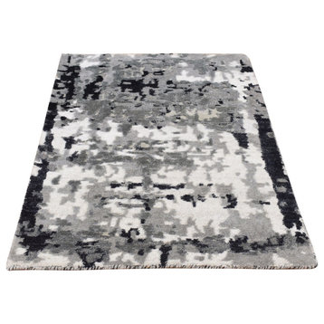 Gray, Modern Abstract Design, Hand Knotted, Wool and Silk, Mat Rug 2'1"x3'