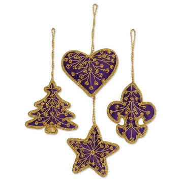Purple Christmas, Beaded Ornaments, India, 4-Piece Set