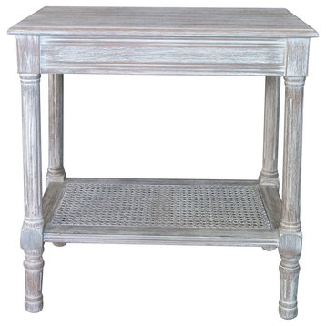 Jamestown Side Table with Rattan Shelf, Winter Melody