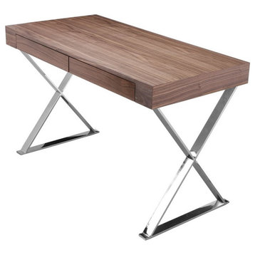 Pemberly Row Modern Wood Veneer & High Polished Steel Desk in Walnut