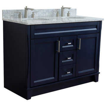 48" Double Sink Vanity, Blue Finish With White Carrara Marble And Oval Sink