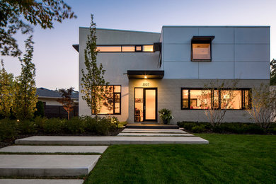 Large contemporary two-storey grey exterior in Minneapolis with mixed siding and a flat roof.