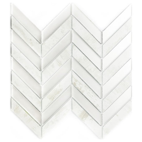 Musico 1"x4" Herringbone Glass Mosaic Tile,Birchwood White, Single Sheet