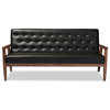 Sorrento Retro Upholstered Wooden 3-Seater Sofa, Black Faux Leather
