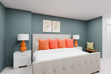 Bedroom - large contemporary master carpeted and beige floor bedroom idea in Miami with green walls