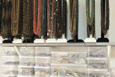 Example of a trendy women's closet design in Los Angeles