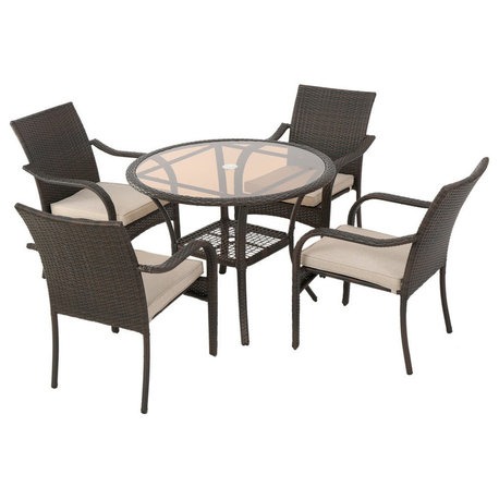 GDF Studio Novena Outdoor 5-Piece Brown Wicker Dining With Cushions Set