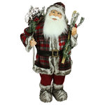Northlight Seasonal - 3' Alpine Chic Standing Santa Claus with Frosted Pine Snowshoes and Skis Figure - This Santa Claus is full of country Christmas charm and would make a jolly addition to your holiday decor | Santa is wearing a plaid red | gray and white fur trimmed suit and is carrying frosted skis and snowshoes in a bag over his shoulder | Santa features jolly blue eyes | round chubby cheeks and friendly smile | Santa's hat has a decorative fur pouf at the end | Recommended for indoor use | Dimensions: 36"H x 18"W x 12"D | Material(s): plastic/fabric