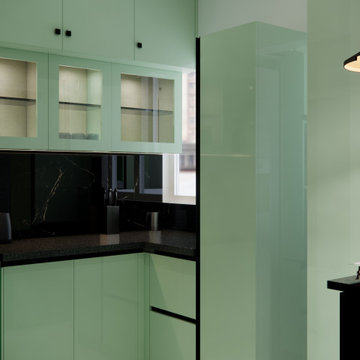 Mint Green Glass-Front Kitchen Cabinets