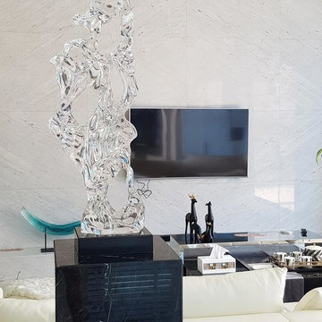 Bookmatched Yugoslavian White marble for TV wall of Palm Springs Villa, Pattaya,