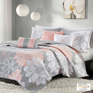 Madison Park Lola 6 Piece Printed Cotton Quilt Set With Throw Pillows