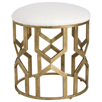 Luxe Gold Metal Lattice Round Drum Stool Geometric Modern White Cushion Open