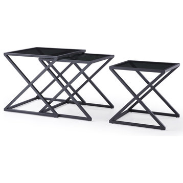 Modern Zafiro Nesting Side Tables - Smoked Glass with Matte Black Steel Base