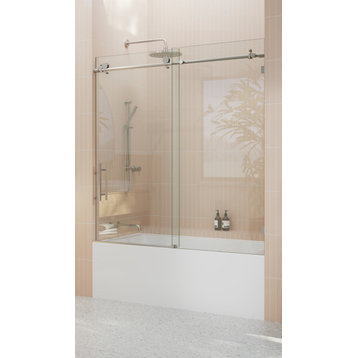 52-56"x60" Frameless Bath Tub Sliding Shower Door, Brushed Nickel