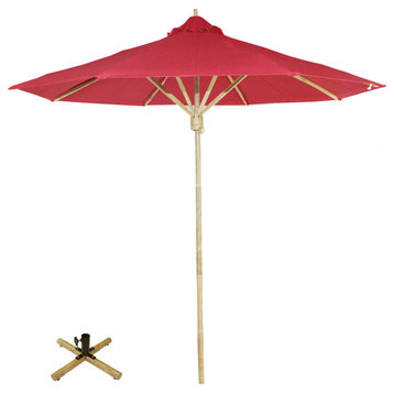 7 Foot Bamboo Umbrella With Pottery Polyester Canvas, Red