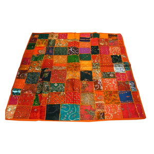 Mogulinterior - Indian Ethnic Orange Wall Hanging Sequin Embroidered Sari Tapestry Table Cloth - Tapestries