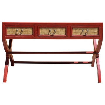 Chinese Rough Distressed Red Rattan Cross Leg Writing Desk Table Hcs5787