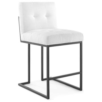 Armless Counter Stool, Black Finished Base With Biscuit Tufted Seat, White