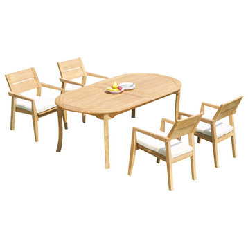 5-Piece Outdoor Teak Dining Set: 117" Oval Ext Table, 4 Celo Stacking Arm Chairs