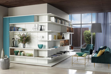 Living room - mid-sized contemporary open concept light wood floor living room idea in Other with gray walls and no fireplace