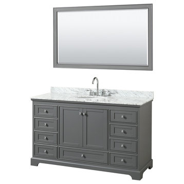 60" Single Vanity,Dark Gray,White Carrara Marble Top,Oval Sink,58" Mirror