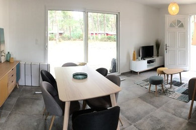Cette image montre une salle de séjour nordique avec un mur blanc, un sol en carrelage de céramique et un sol gris.