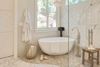Large trendy master white tile and porcelain tile pebble tile floor and double-sink bathroom photo in San Francisco with shaker cabinets, white cabinets, a one-piece toilet, gray walls, an undermount sink, quartz countertops, a hinged shower door, white countertops and a built-in vanity