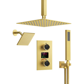 Dual Heads 12" Rain Shower Faucet with LCD Display 3 Function Shower System, Brushed Gold