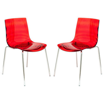 Leisuremod Astor Plastic Dining Chair with Chrome Base, Set of 2, Red