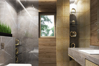 Idee per una stanza da bagno design di medie dimensioni con nessun'anta, ante grigie, WC monopezzo, pareti marroni, pavimento in marmo, top in marmo, pavimento verde e top grigio