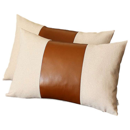 Set of Two 12" X 20" Ivory and Brown Throw Pillow Cover