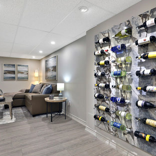 Photo of a medium sized contemporary fully buried basement in Toronto with grey walls, vinyl flooring, a standard fireplace, a plastered fireplace surround and grey floors.