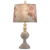 White Poly Res" Table Lamp With Pink and Green Floral Shade