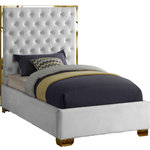 Meridian Furniture - Lana Velvet Bed, White, Twin - Make the Lana white velvet bed part of your dream bedroom setup. This bed has all of the bells and whistles you want, including a super tall headboard that stands nearly five-feet tall. The bed is covered in white velvet fabric for a luxe look, and it's deeply tufted for added luxuriousness. The headboard is soft and welcoming against your back and head as you read or watch TV in bed, and the bed rests on gold legs for dependable sturdiness and durability. Use it without a box spring or foundation, since the slats are included.