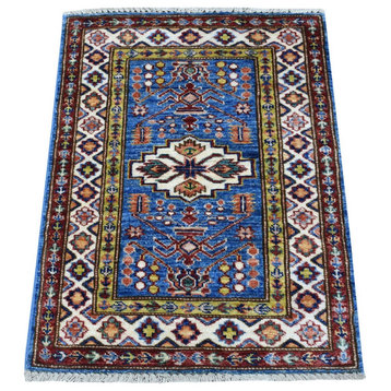 Super Kazak Blue Hand Knotted Soft Wool Oriental Mat Rug, 2'0" x 2'10"