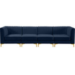 Meridian Furniture - Alina Velvet Upholstered 4-Piece Modular Sofa, Navy - Bring modern beauty to your space with the addition of this Alina Velvet Modular Sofa. This beautiful sofa features deep channel tufting to ramp up its visual interest and add to its resilient demeanor. Its soft navy velvet upholstery blends nicely with existing elements in your room and is sleek to the touch, making this seat a super comfortable one. Part of the modular Alina collection, this sofa has a latch that attaches it to other pieces to create your custom seating arrangement.