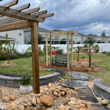 Backyard Oasis Running Stream Water Feature, Pergola, Arbor, Paver Patio, & Wall