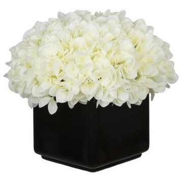 Artificial White Hydrangea in Large Black Cube Ceramic