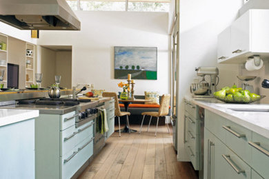Open concept kitchen - mid-sized contemporary galley medium tone wood floor and brown floor open concept kitchen idea in Chicago with an undermount sink, flat-panel cabinets, green cabinets, quartz countertops, stainless steel appliances and an island