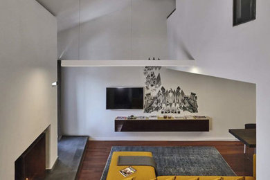 Ispirazione per un grande soggiorno moderno con pavimento in legno massello medio