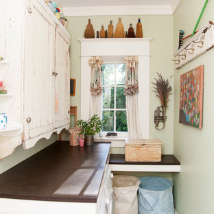 Shabby-chic style utility room in Portland with brown worktops.