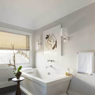 Transitional brown tile freestanding bathtub photo in San Francisco