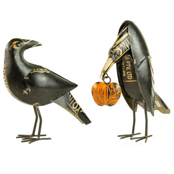 Set of Two Recycled Iron Crows Holding a Pumpkin