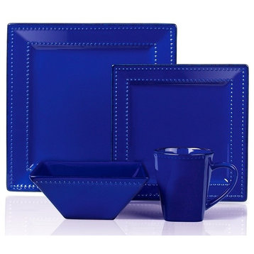 16 Piece Square Beaded Stoneware Dinnerware set by Lorren Home Trends, Blue