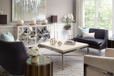 Inspiration for a large transitional formal and open concept dark wood floor and brown floor living room remodel in DC Metro with gray walls, no fireplace and no tv