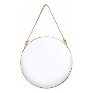 Contemporary Round Wall Hanging Mirror, Metal Frame and Hanging Strap, Gold