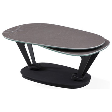 Motion Coffee Table With Ceramic Top and Black Metal Base, Gray