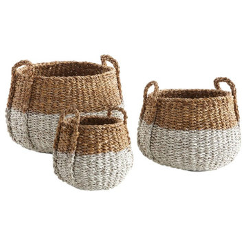 Set of 3 Two Tone Woven Sea Grass Storage Baskets Round White Natural 16 12 8 in