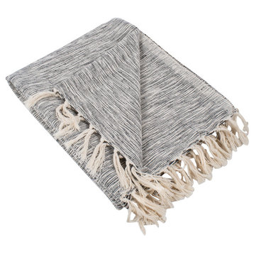 DII 60x50" Modern Cotton Throw with Decorative Fringe in Variegated Ivory/Black